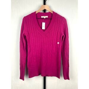 LOFT V-Neck Cable Knit Sweater Fuchsia Sz S Wool Rabbit Hair Blend Cozy NWT